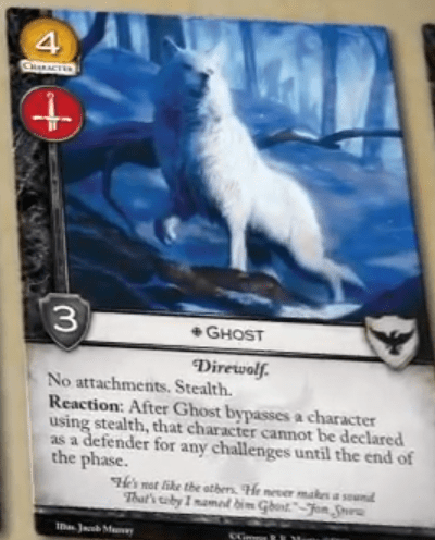 Gracias a la comunidad Chilena de Juego de Tronos tenemos unos robados del video de FFG Fantasma Coste 4 Fuerza 3 Icono militar. Wargo. Sin accesorios. Sigilo. Reacción: Despues de que Fantasma sobrepase a un personaje usando sigilo, ese personaje no podrá ser declarado como defensor en ningún reto hasta el final de la fase.