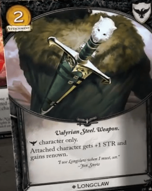 Garra Coste 2 Acero Valyrio, Arma Solo personajes Guardia de la Noche El personaje vinculado gana +1 de Fuerza y Renombre.