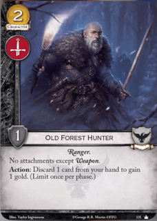Cazador del Bosque Viejo Leal. Coste 2. Fuerza 1. Militar. Ranger Sin accesorios excepto arma. Acción: Descarta 1 carta de tu mano para ganar 1 moneda. (Limitada una por fase) 