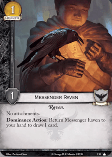  Cuervo mensajero. Leal. Coste 1. Fuerza 1. Cuervo Sin accesorios. Acción dominación: Devuelve el cuervo mensajero a tu mano para robar 1 carta.