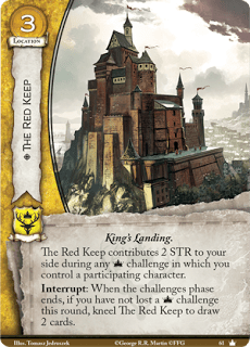 La Fortaleza Roja.  Localización de coste 3. Leal. Desembarco del rey. La fortaleza roja contribuye con fuerza 2 a tu bando durante cualquier reto de poder en el que participe un personaje que controles. Interrupción: Cuando termine la fase de retos, si no has perdido un reto de poder esta ronda, arrodilla la Fortaleza Roja para robar 2 cartas.