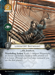 Carpintero de Puerto noble Aliado, hijo del hierro. Acción reclutamiento: Arrodilla al carpintero de Puerto noble para elegir y arrodillar una localización con coste impreso 2 o inferior. (Coste impreso 3 o inferior si eres el primer jugador).