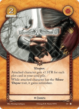 Albor Arma El personaje vinculado gana +1 de fuerza por cada una de tus tramas usadas. Mientras el personaje vinculado tenga el rasgo Casa Dayne, este gana intimidación.
